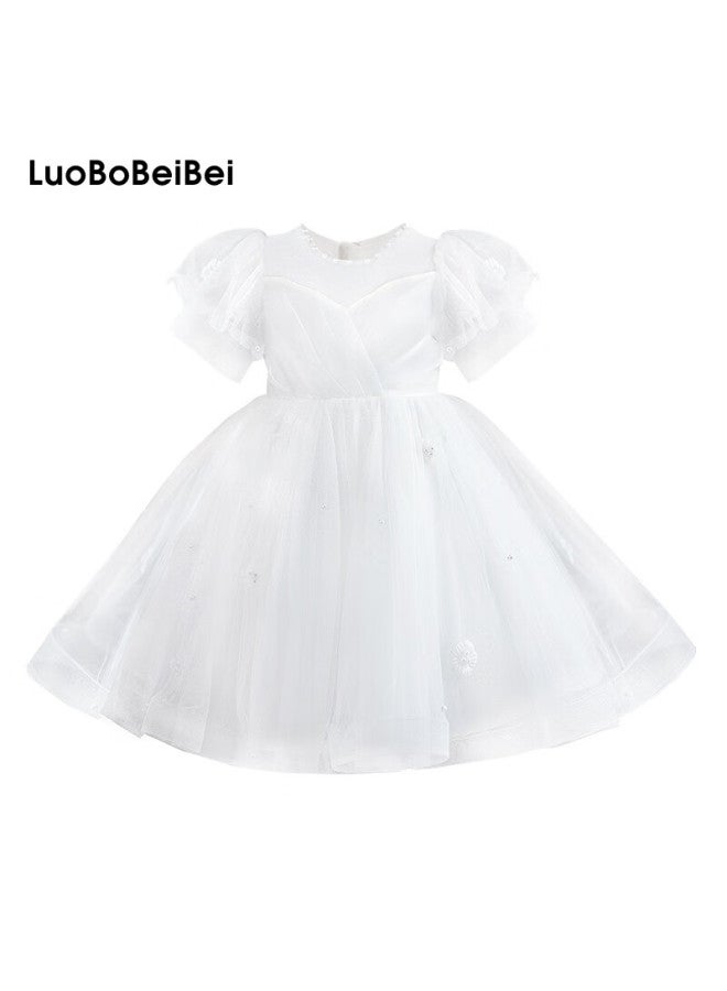 Luobobeibei Girls' Formal Dress, Children's Birthday Princess Dress, Flower Girl Wedding Dress, Host Piano Performance Dress, White Dress, Size 150 - Image 2