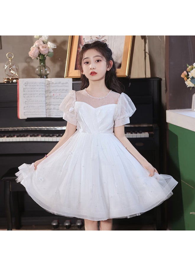 Luobobeibei Girls' Formal Dress, Children's Birthday Princess Dress, Flower Girl Wedding Dress, Host Piano Performance Dress, White Dress, Size 150 - Image 4