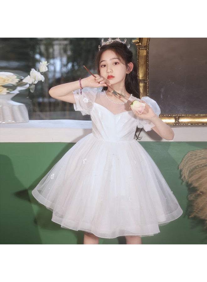 Luobobeibei Girls' Formal Dress, Children's Birthday Princess Dress, Flower Girl Wedding Dress, Host Piano Performance Dress, White Dress, Size 150 - Image 3
