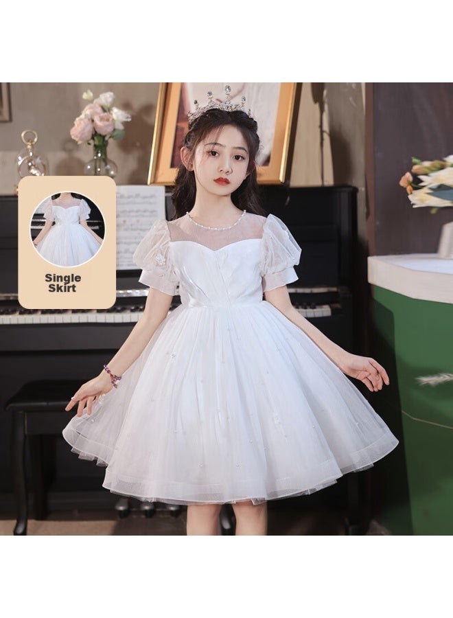 Luobobeibei Girls' Formal Dress, Children's Birthday Princess Dress, Flower Girl Wedding Dress, Host Piano Performance Dress, White Dress, Size 150 - Image 5