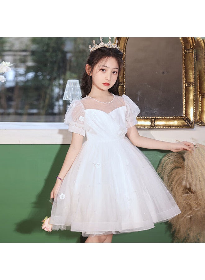 Luobobeibei Girls' Formal Dress, Children's Birthday Princess Dress, Flower Girl Wedding Dress, Host Piano Performance Dress, White Dress, Size 150 - Image 1