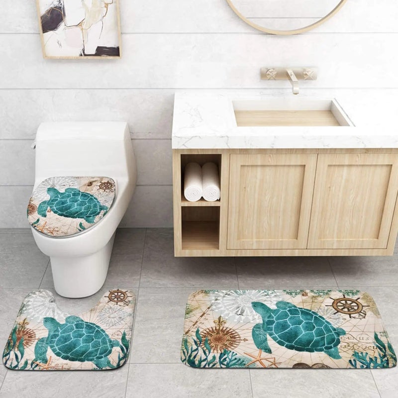 Bluejw Bathroom 4 Pcs Set Waterproof Beach Style  Printed Western Shower Curtains and Bath Rug Set - Image 4