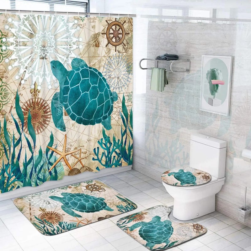Bluejw Bathroom 4 Pcs Set Waterproof Beach Style  Printed Western Shower Curtains and Bath Rug Set - Image 2