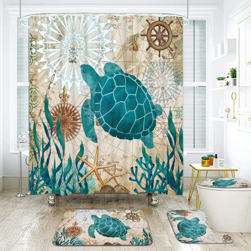 Bluejw Bathroom 4 Pcs Set Waterproof Beach Style  Printed Western Shower Curtains and Bath Rug Set - Image 1