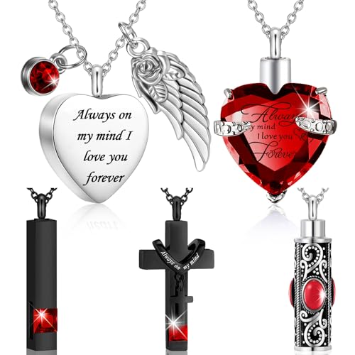 Fumete 5 Pcs Urn Necklace for Ashes Cremation Jewelry Necklace Set for Ashes Memorial Keepsake Heart Cross Cubic Stainless Steel Urn Jewelry for Loved One or Pet Women Men 5 StylesDark Red - Image 1