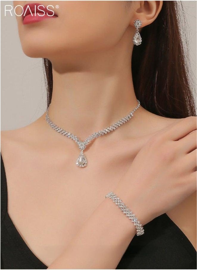 4 Pcs Rhinestone Necklace Earrings Bracelet Set Drop-Shaped Pendant V-Neck Chain Ear Dangle Bridal Evening Dress Accessories for Women - Image 2