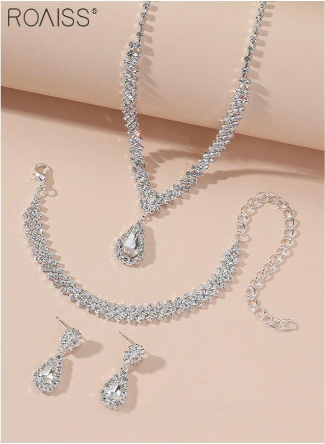 4 Pcs Rhinestone Necklace Earrings Bracelet Set Drop-Shaped Pendant V-Neck Chain Ear Dangle Bridal Evening Dress Accessories for Women - Image 3