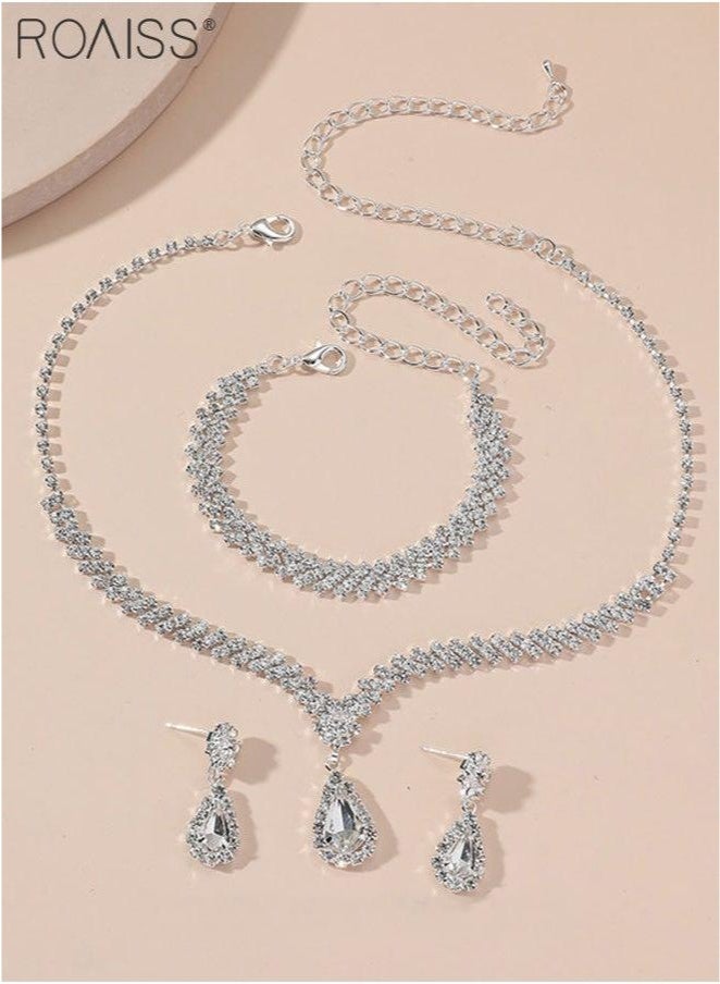 4 Pcs Rhinestone Necklace Earrings Bracelet Set Drop-Shaped Pendant V-Neck Chain Ear Dangle Bridal Evening Dress Accessories for Women - Image 4
