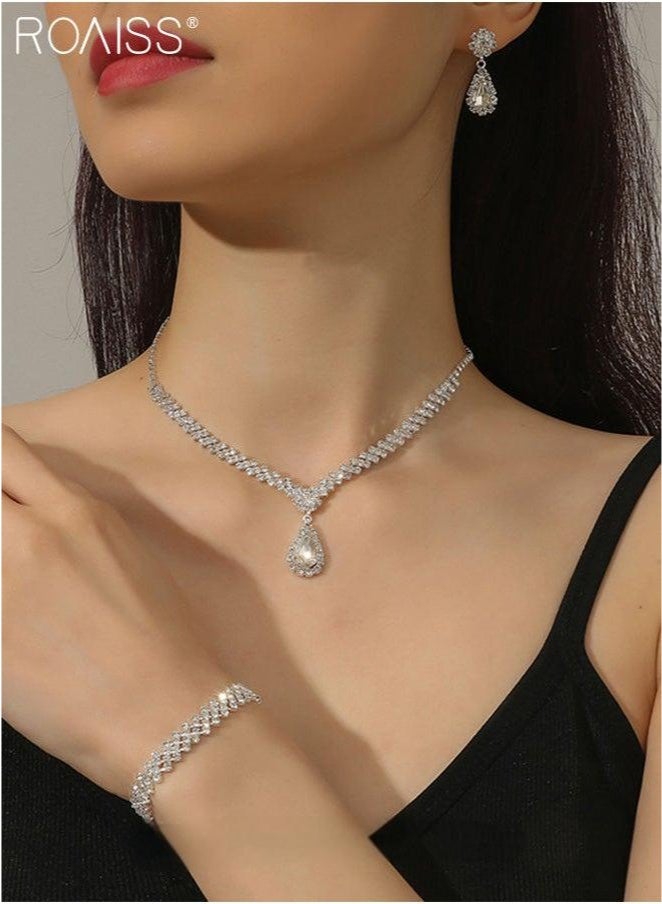 4 Pcs Rhinestone Necklace Earrings Bracelet Set Drop-Shaped Pendant V-Neck Chain Ear Dangle Bridal Evening Dress Accessories for Women - Image 1