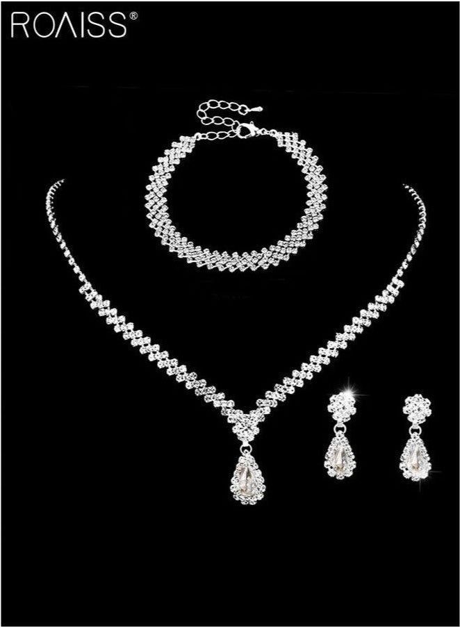 4 Pcs Rhinestone Necklace Earrings Bracelet Set Drop-Shaped Pendant V-Neck Chain Ear Dangle Bridal Evening Dress Accessories for Women - Image 5