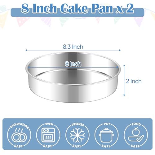 E-far Efar 8 Inch Cake Pan Set of 2 Stainless Steel Round Baking Pans Tins Mold NonToxic LeakProof for Birthday Wedding Layer Tiered Cake Easy Clean Dishwasher Safe - Image 3