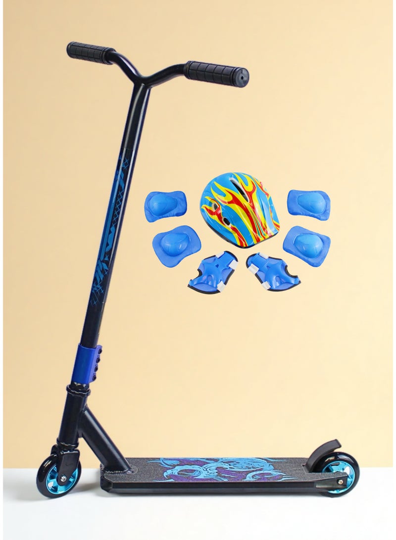 إيزي فيتشور سكوتر حركات بهلوانية خفيف الوزن بعجلتين من إيزي فيوتشر - سكوتر احترافي بسطح من الألومنيوم، وعجلات معدنية 110 مم، ومقود عريض، وفرامل فولاذية، ودوران 360 درجة، مثالي للمبتدئين والمتوسطين، بما في ذلك مجموعة معدات الحماية الكاملة - Image 1