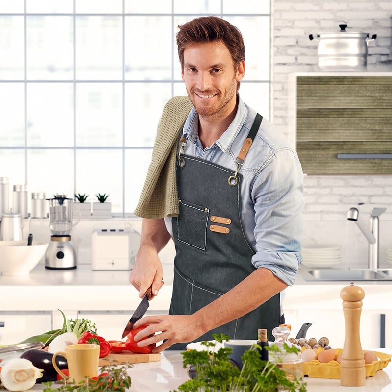 ZOMAO Chef Apron Cross Back Apron for Women and Men Cotton Canvas Apron with Adjustable Straps and Large Pockets Kitchen Cooking Baking Bib Apron - Image 3