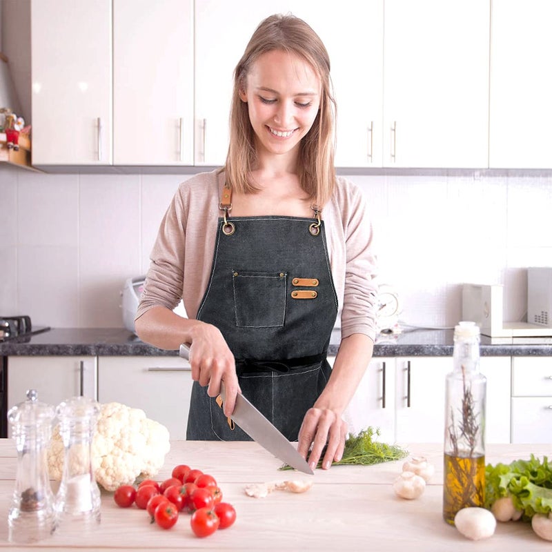 ZOMAO Chef Apron Cross Back Apron for Women and Men Cotton Canvas Apron with Adjustable Straps and Large Pockets Kitchen Cooking Baking Bib Apron - Image 4