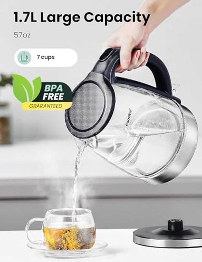 Comfee' Glass Electric Tea Kettle & Hot Water Kettle Electric, 1.7L Electric Kettle with LED Indicator, 1500W Fast Boil, Auto Shut-Off and Boil-Dry Protection - Image 2