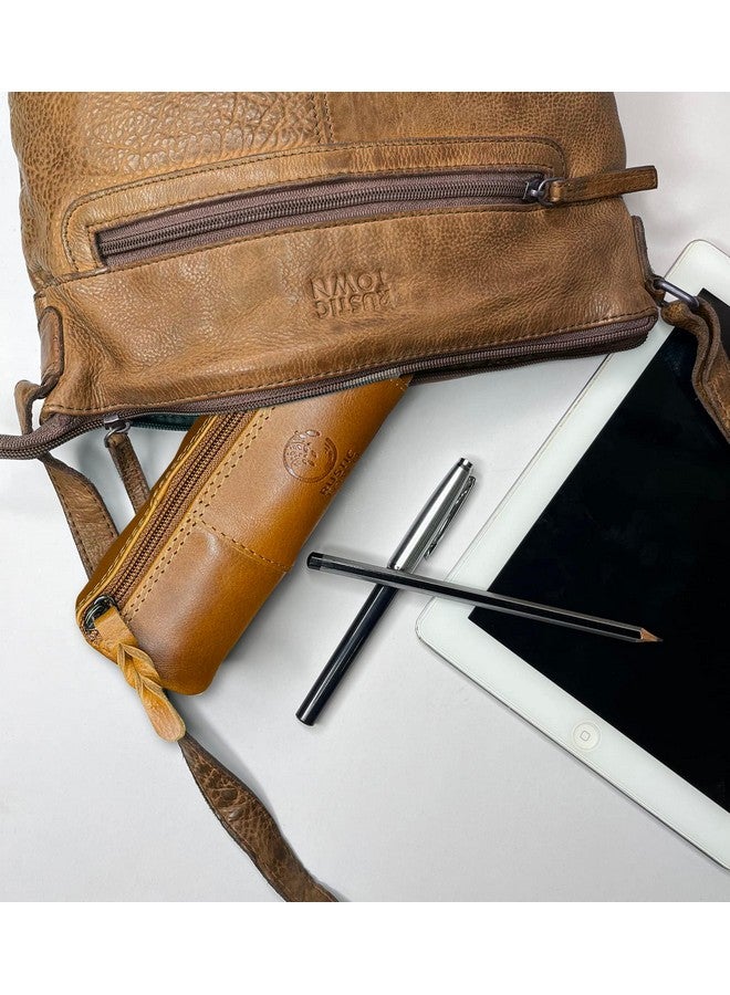 Rustic Town RUSTIC TOWN Leather Pencil Case Holder - Pen Pencil Pouch For Office & School - Zipper Stationary Utility Bag Pencil Kit For Girls, Boys & Kids (Cognac), Brown  - Image 2