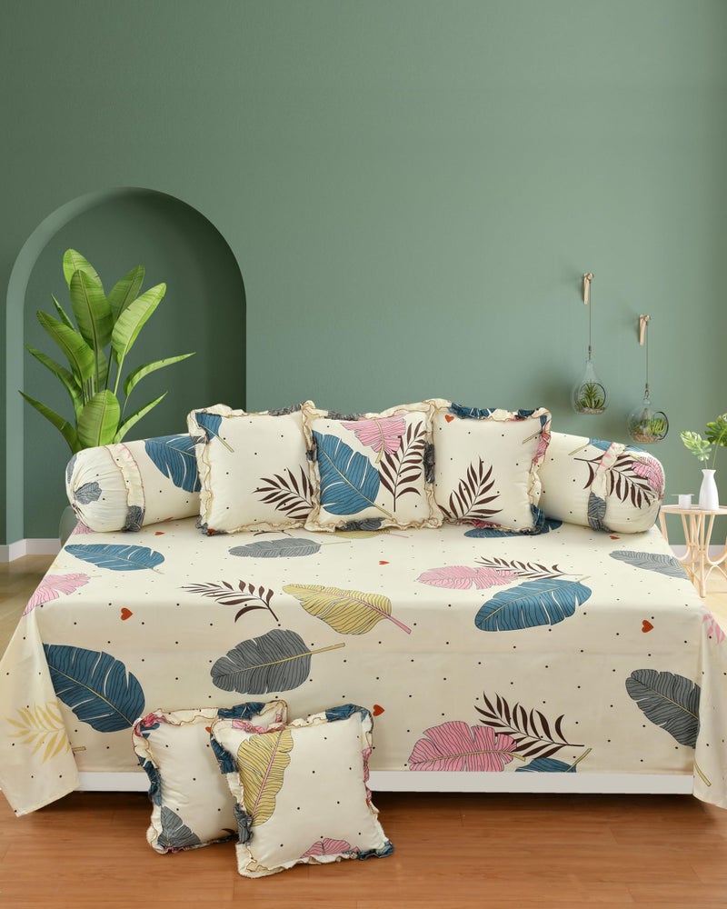 S&S Sands® 180 TC Pure Cotton Floral Designer Frill Diwan Set of 8 Pieces for Living Room Dining Hall (1Single Bedsheet, 5 Frill Cushion Covers, 2 Frill Bolster - Set of 8) - Image 1