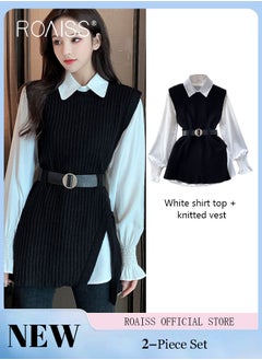 roaiss 2 Piece Waist Design Knitted Vest and Long Sleeved White Shirt Top with Belt Lapel Shirt Design Comfortable and Skin Friendly Fabric Solid Color Women Casual Top Suit for Daily Commuting Wear  - Image 1