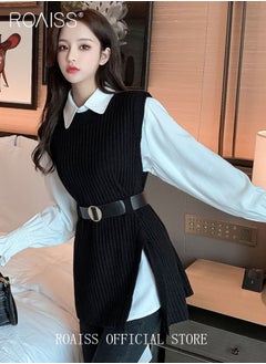 roaiss 2 Piece Waist Design Knitted Vest and Long Sleeved White Shirt Top with Belt Lapel Shirt Design Comfortable and Skin Friendly Fabric Solid Color Women Casual Top Suit for Daily Commuting Wear  - Image 4