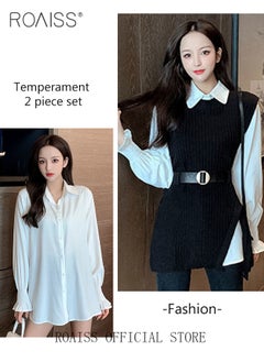 roaiss 2 Piece Waist Design Knitted Vest and Long Sleeved White Shirt Top with Belt Lapel Shirt Design Comfortable and Skin Friendly Fabric Solid Color Women Casual Top Suit for Daily Commuting Wear  - Image 3