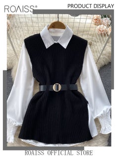 roaiss 2 Piece Waist Design Knitted Vest and Long Sleeved White Shirt Top with Belt Lapel Shirt Design Comfortable and Skin Friendly Fabric Solid Color Women Casual Top Suit for Daily Commuting Wear  - Image 2
