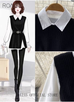 roaiss 2 Piece Waist Design Knitted Vest and Long Sleeved White Shirt Top with Belt Lapel Shirt Design Comfortable and Skin Friendly Fabric Solid Color Women Casual Top Suit for Daily Commuting Wear  - Image 5