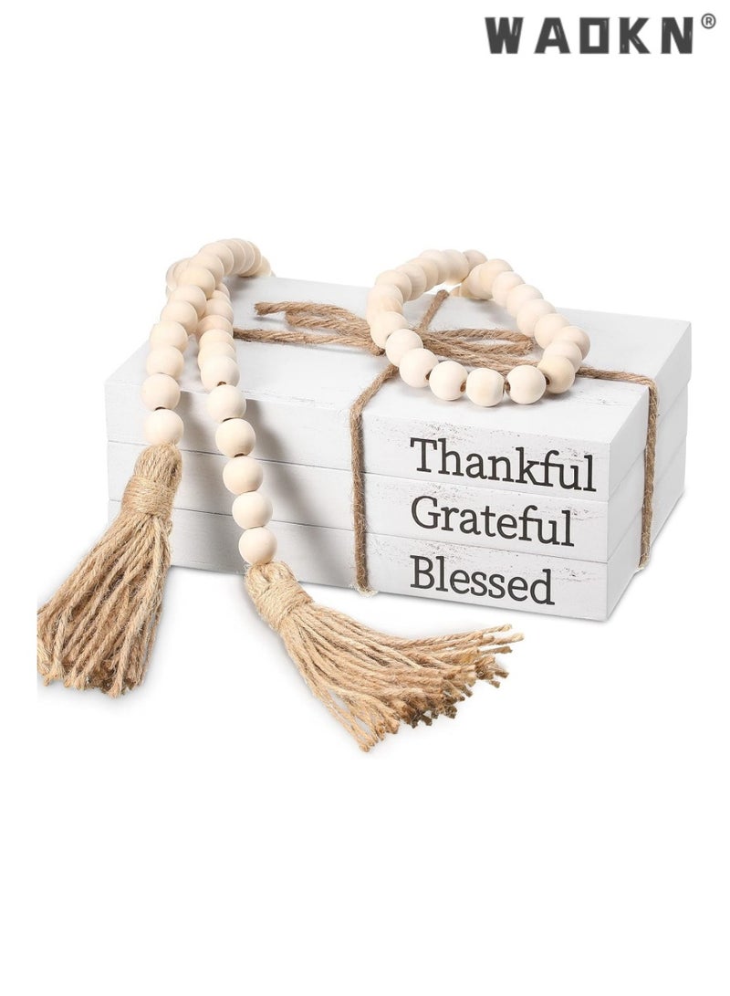 WAOKN 3 Pcs Decorative Books for Home Decor White Faux Books Decoration Farmhouse Stacked Display Books with Wood Bead Tassels for Coffee Tables - Image 1
