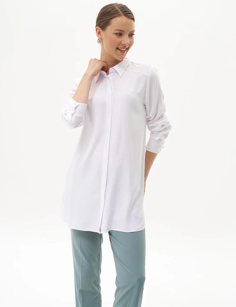 Kayra Concealed Placket Basic Tunic Optical White