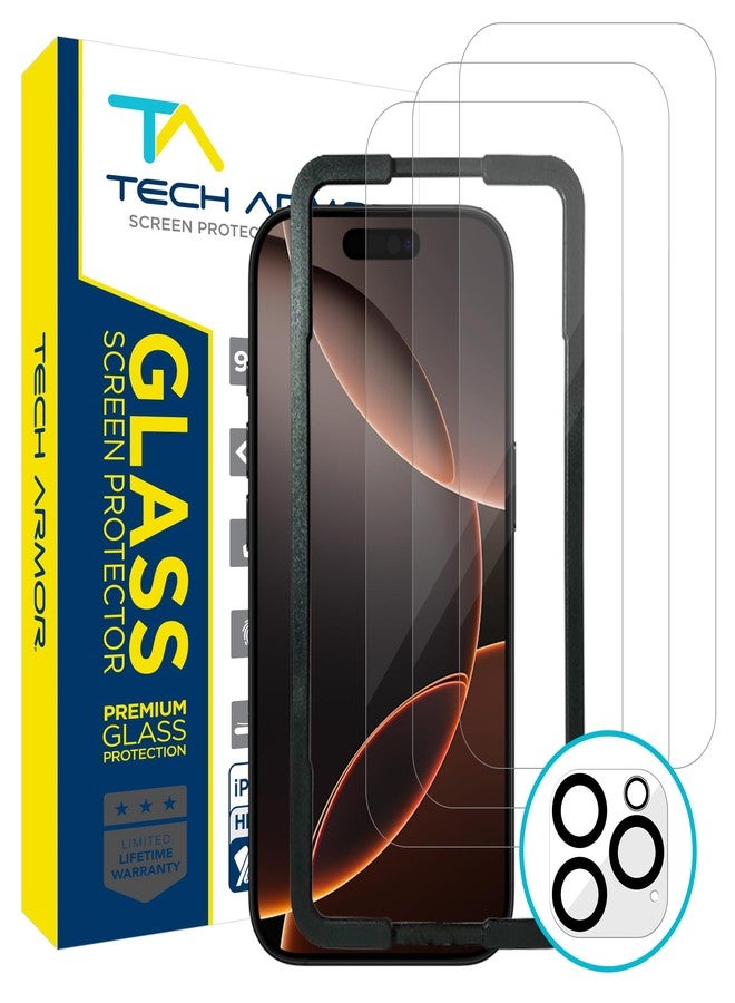 Tech Armor for Apple iPhone 16 Pro Screen Protector Glass 6.3 inch - Ballistic Tempered, Case Friendly, Easy Install, Sensor Protection, HD, 9H Hardness, 3 Pack + Bonus Camera Lens Protector - Image 1