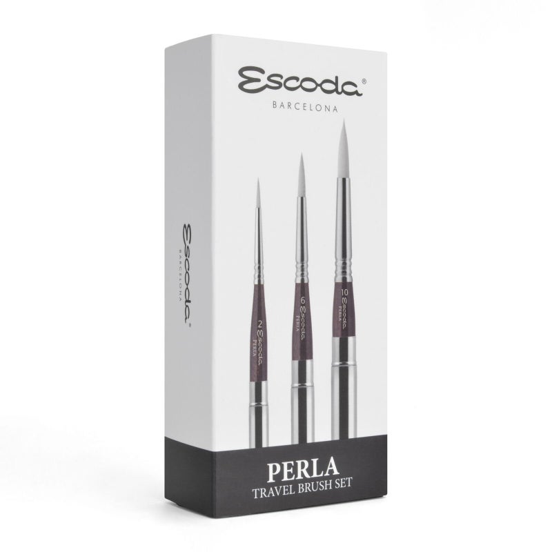 Escoda Perla Series Professional Artist Watercolor Travel Brush Set with Synthetic Leather Wallet, 3 Round Travel Brushes, Synthetic White Toray Fiber - Image 1