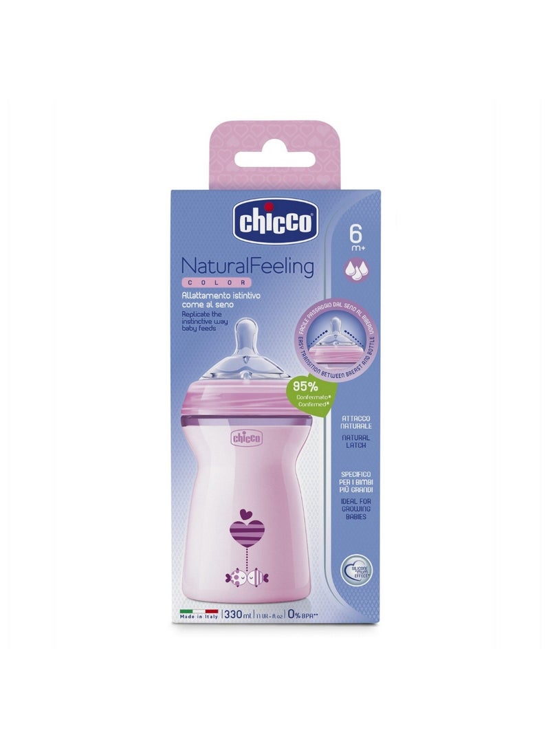 Chicco Natural Feeling 330ml Baby Milk Feeding Plastic Bottle with Wide Neck, Anti-Colic for Easy Milk Flow, for Babies & Toddlers 6m+ (Pink) - Image 3