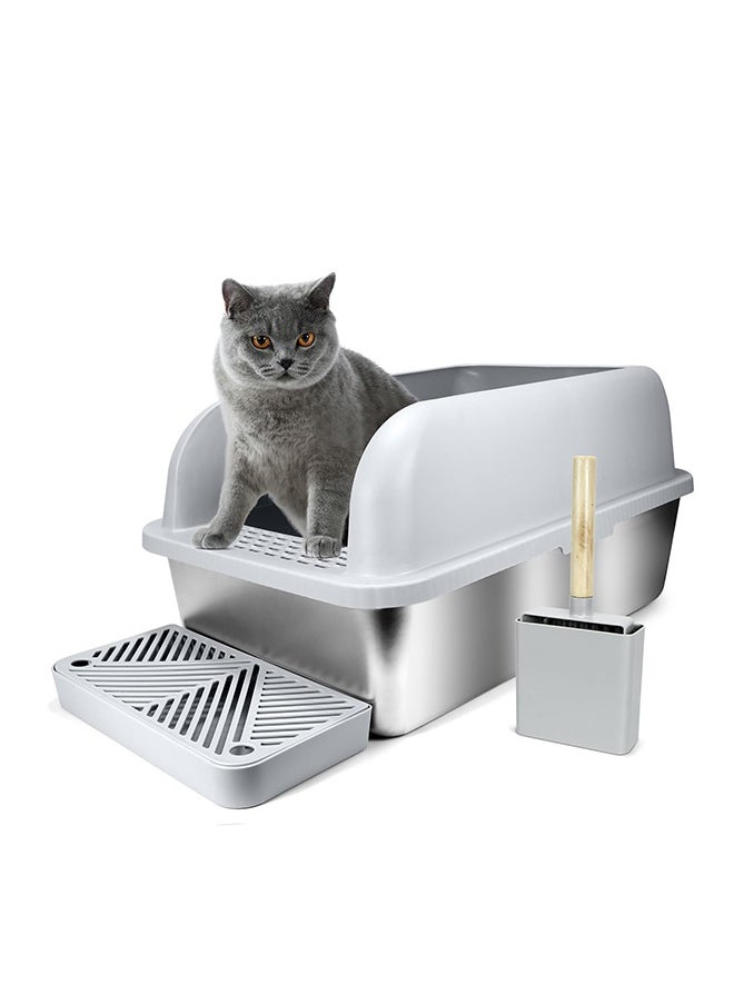 Bukela Stainless Steel Cat Litter Box XL - Enclosed Metal Litter Tray for Big Cats & Senior/Special Needs Pets, High Sides with Footboard & Scoop, Anti-Splash Design, Durable Metal Cat Toilet  - Image 1