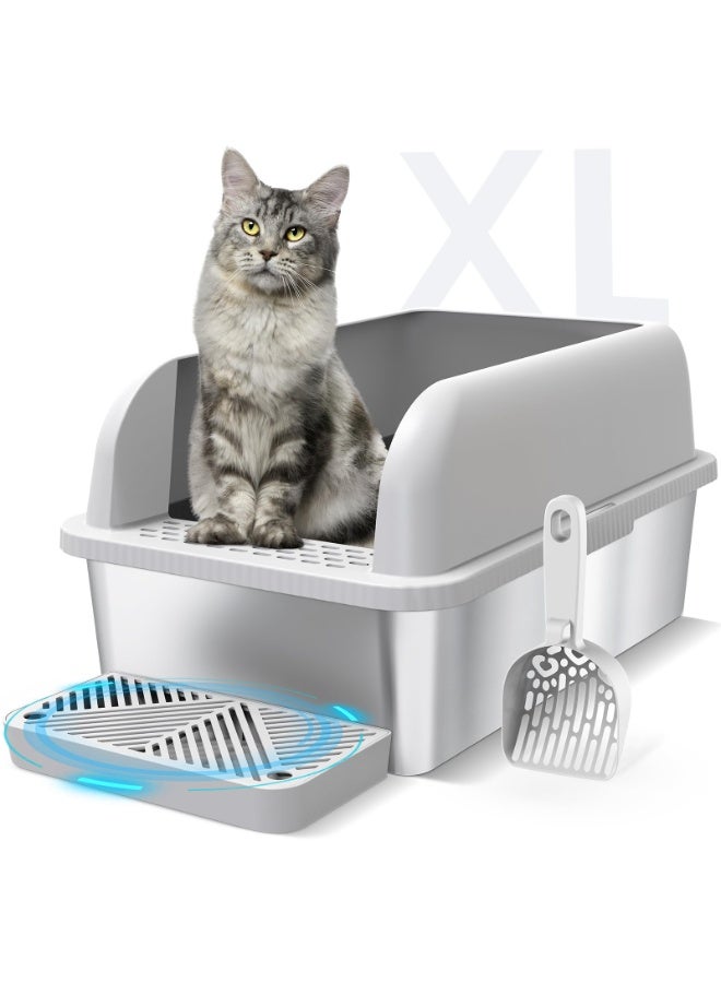 Bukela Stainless Steel Cat Litter Box XL - Enclosed Metal Litter Tray for Big Cats & Senior/Special Needs Pets, High Sides with Footboard & Scoop, Anti-Splash Design, Durable Metal Cat Toilet  - Image 1
