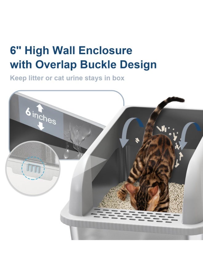 Bukela Stainless Steel Cat Litter Box XL - Enclosed Metal Litter Tray for Big Cats & Senior/Special Needs Pets, High Sides with Footboard & Scoop, Anti-Splash Design, Durable Metal Cat Toilet  - Image 2