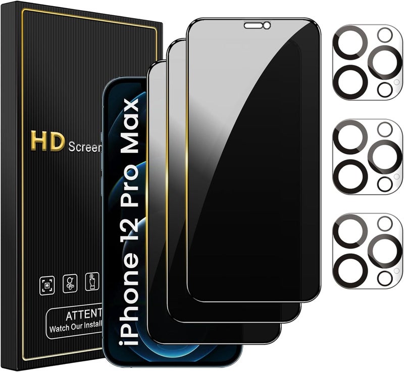 Romkasi 3 Pack Privacy Screen Protector for iPhone 12 Pro Max 6.7 Inch with 3 Pack Camera Lens Protector, Anti Spy Tempered Glass Film, Anti-Scratch, Touch Sensitive, Case Friendly - Image 1