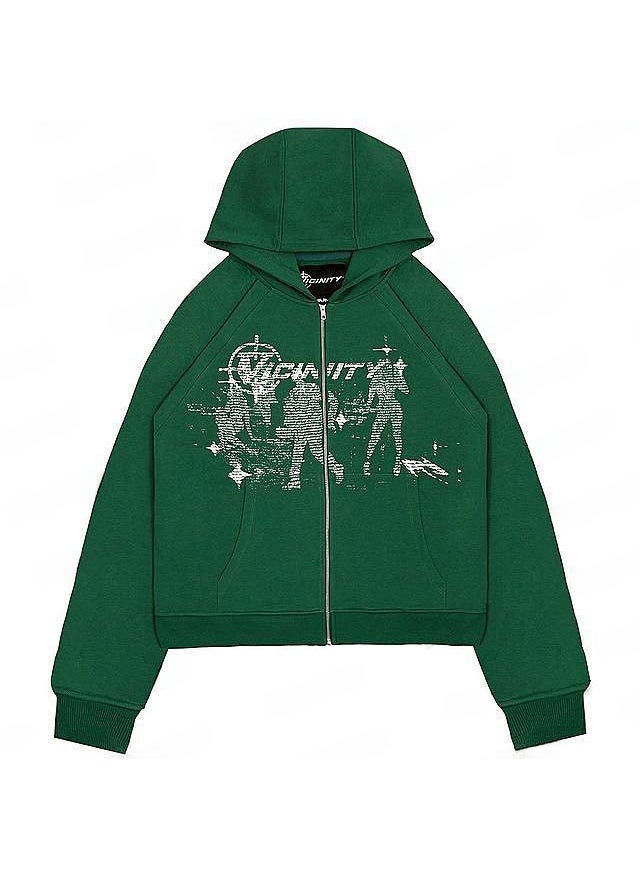Generic - New Hiphop Green Zip Hoodie Men Urban Harajuku Anime Print Long Sleeve green fleece - Image 1