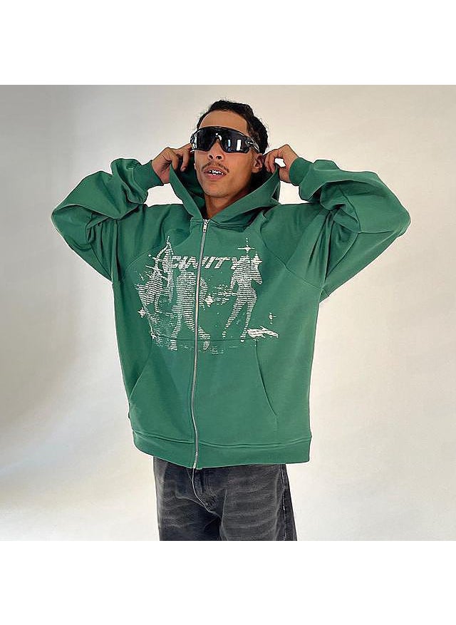 Generic - New Hiphop Green Zip Hoodie Men Urban Harajuku Anime Print Long Sleeve green fleece - Image 1