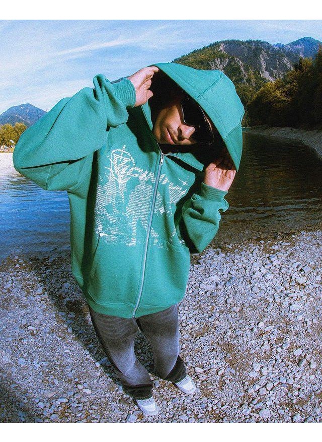 Generic - New Hiphop Green Zip Hoodie Men Urban Harajuku Anime Print Long Sleeve green fleece - Image 1