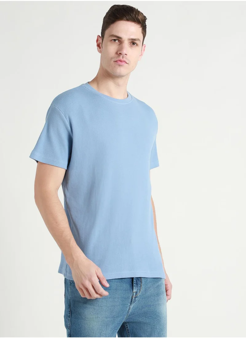 دينيس لينغو Light Blue Relaxed Fit Crew Neck T-shirt for Men - 100% Cotton, Half Sleeves, Casual