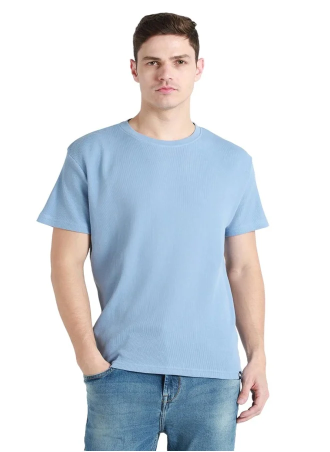 دينيس لينغو Light Blue Relaxed Fit Crew Neck T-shirt for Men - 100% Cotton, Half Sleeves, Casual