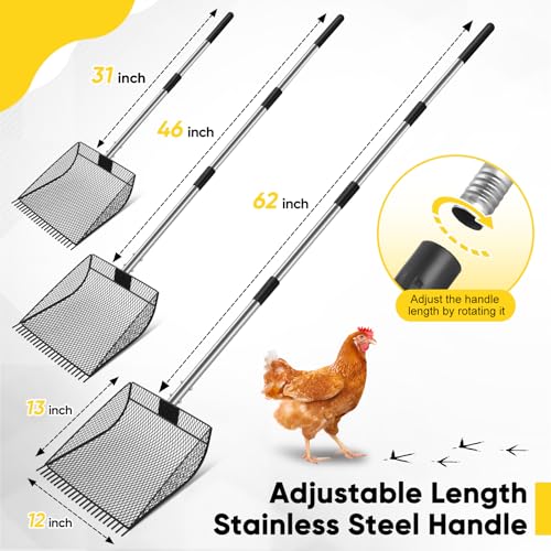 CAROD Upgraded 12-inch Chicken Poop Scooper Rake, Durable Metal Poop Scoop for Chicken with 24 to 68" Adjustable Stainless Steel Handle, Litter Scooper for Sand Sifting Shovel for Animals House - Image 3