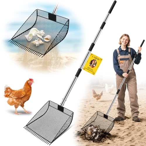 CAROD Upgraded 12-inch Chicken Poop Scooper Rake, Durable Metal Poop Scoop for Chicken with 24 to 68" Adjustable Stainless Steel Handle, Litter Scooper for Sand Sifting Shovel for Animals House - Image 1