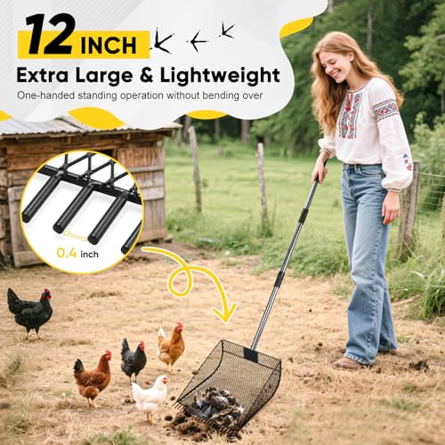 CAROD Upgraded 12-inch Chicken Poop Scooper Rake, Durable Metal Poop Scoop for Chicken with 24 to 68" Adjustable Stainless Steel Handle, Litter Scooper for Sand Sifting Shovel for Animals House - Image 2