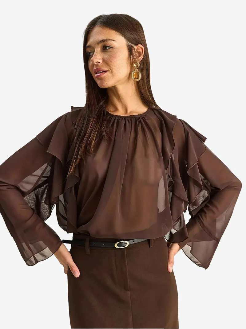 بيانكو لوتشي LUCCI Frilly Chiffon Crew Neck Blouse