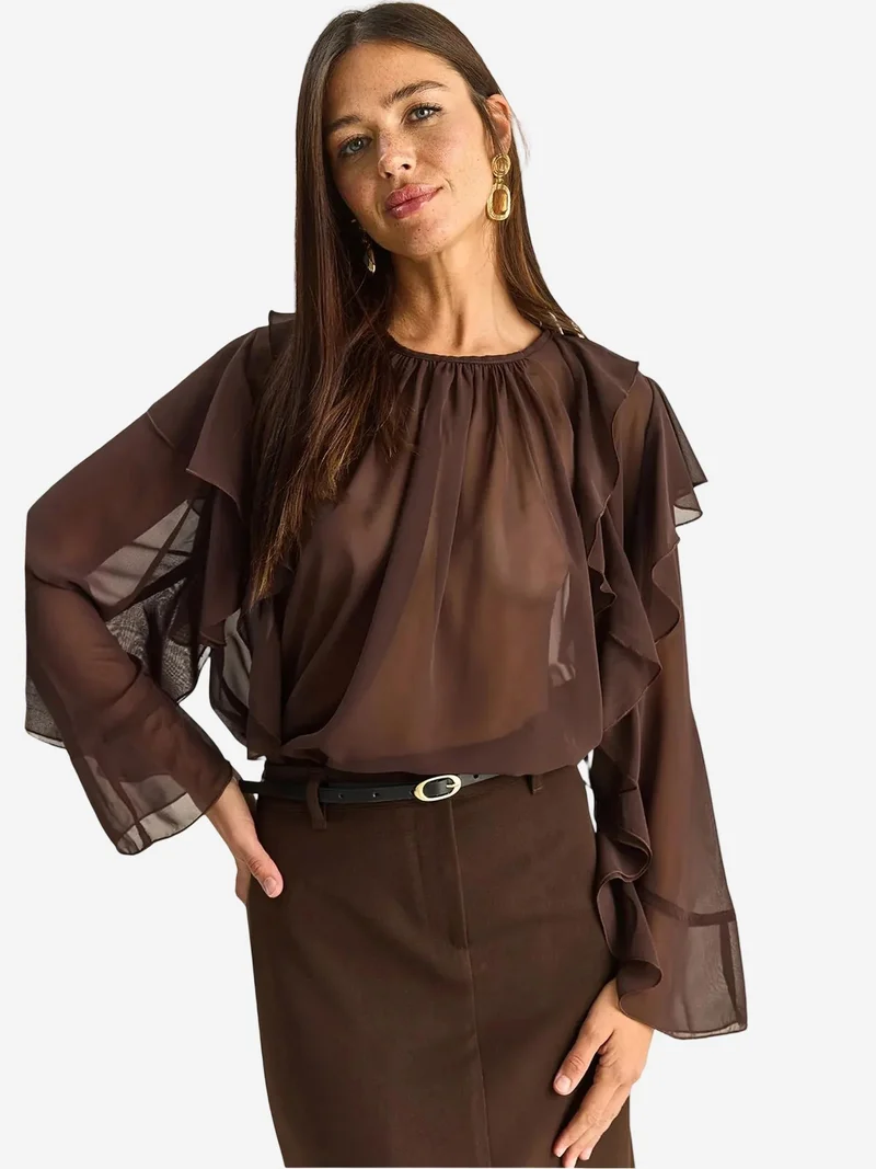 بيانكو لوتشي LUCCI Frilly Chiffon Crew Neck Blouse