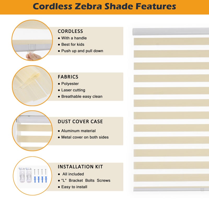 JIANGPIN TEXTILE Cordless Zebra Blinds for Indoor Windows Free-Stop Zebra Shades Dual Layer Light Filtering Sheer Shades Roller Window Blinds for Home (20" W X 72" H, Cream) - Image 5