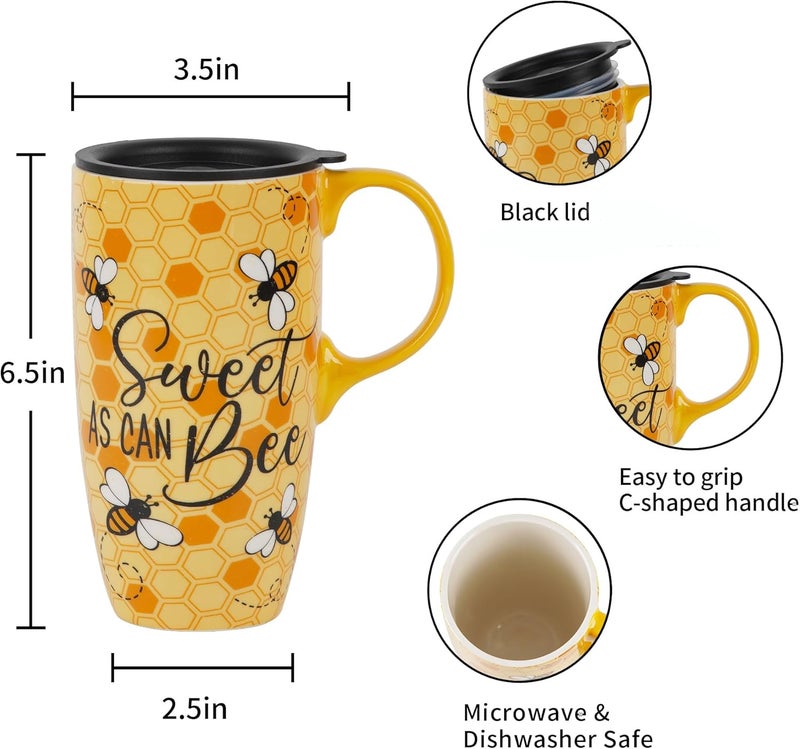 Topadorn Ceramic Coffee Mug Travel Cup Gift with Lid 17oz Porcelain Tall Tea Cup with Handle for Home  Office Bee Art Pattern Mug in Gift Box 65H - Image 2