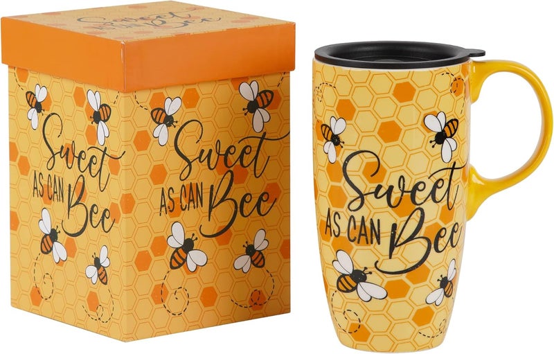Topadorn Ceramic Coffee Mug Travel Cup Gift with Lid 17oz Porcelain Tall Tea Cup with Handle for Home  Office Bee Art Pattern Mug in Gift Box 65H - Image 1