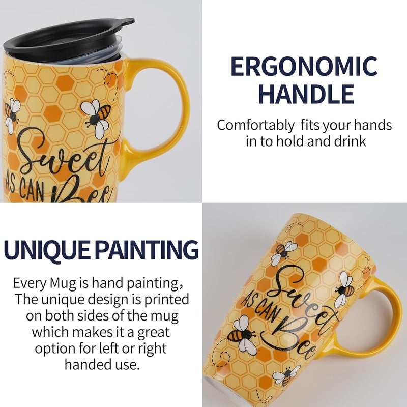Topadorn Ceramic Coffee Mug Travel Cup Gift with Lid 17oz Porcelain Tall Tea Cup with Handle for Home  Office Bee Art Pattern Mug in Gift Box 65H - Image 5