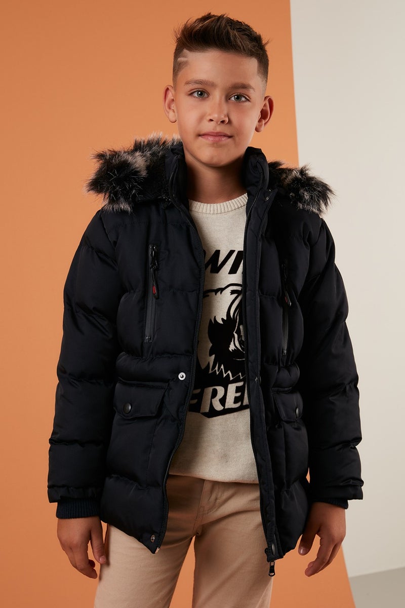 Lela Plush Lined Removable Hooded Winter Coat with Pockets Boys' Coat 5760022  - Image 1